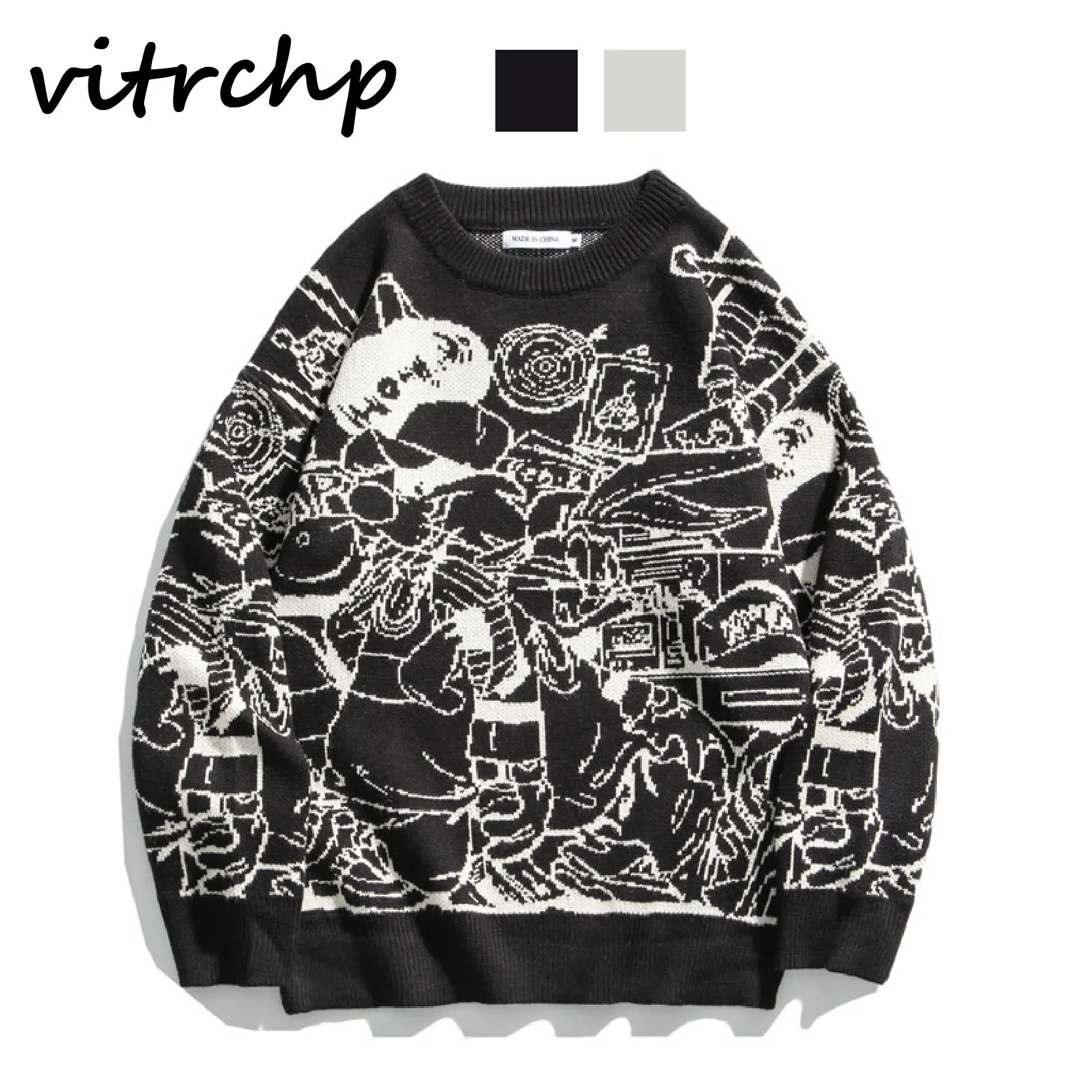 

VITRCHP 2021 Men's Sweater New Arrival Hip-Hop Harajuku Style Japanese Retro Cartoon Trend Couple Personalized Knitted Top
