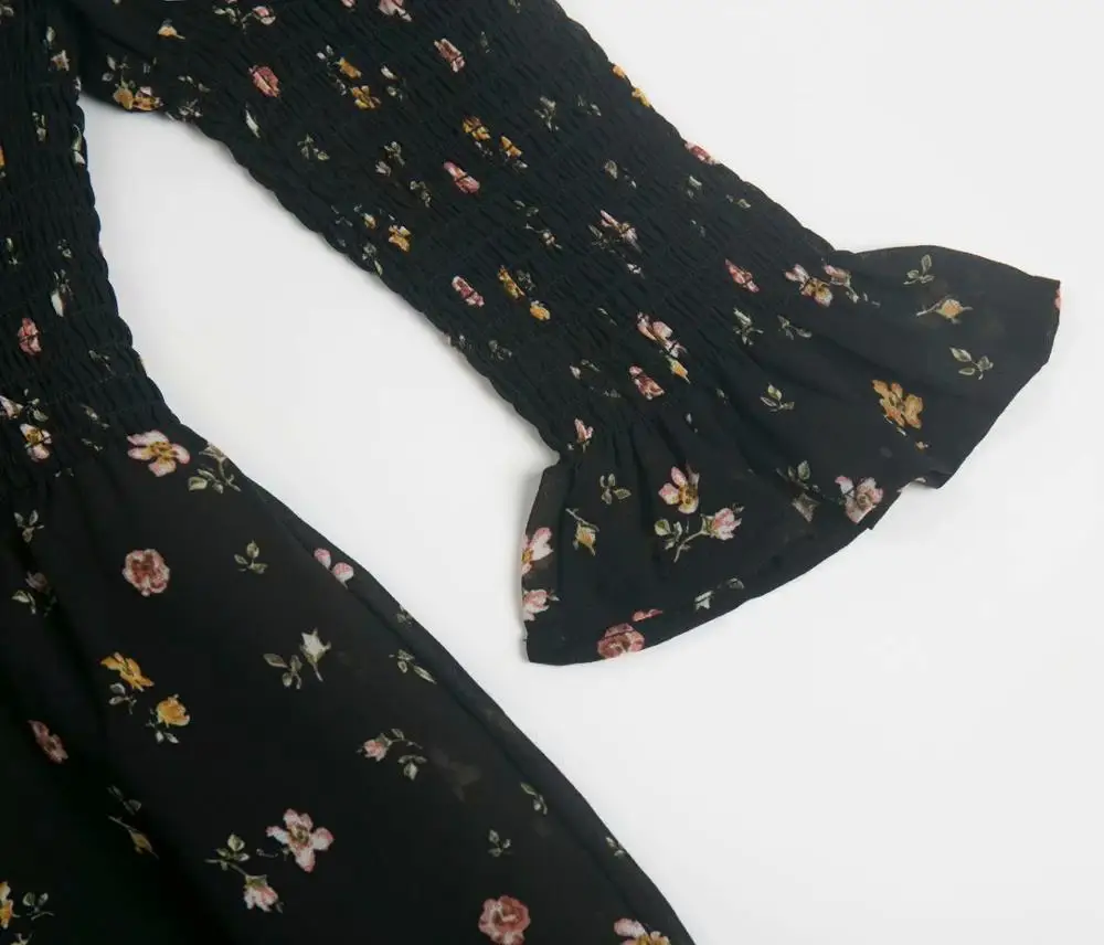 Bazaleas винтажное черное платье с цветочным принтом Ретро эластичный бюст vestido модное платье с присборенным лифом и 3/4 рукавами женское платье