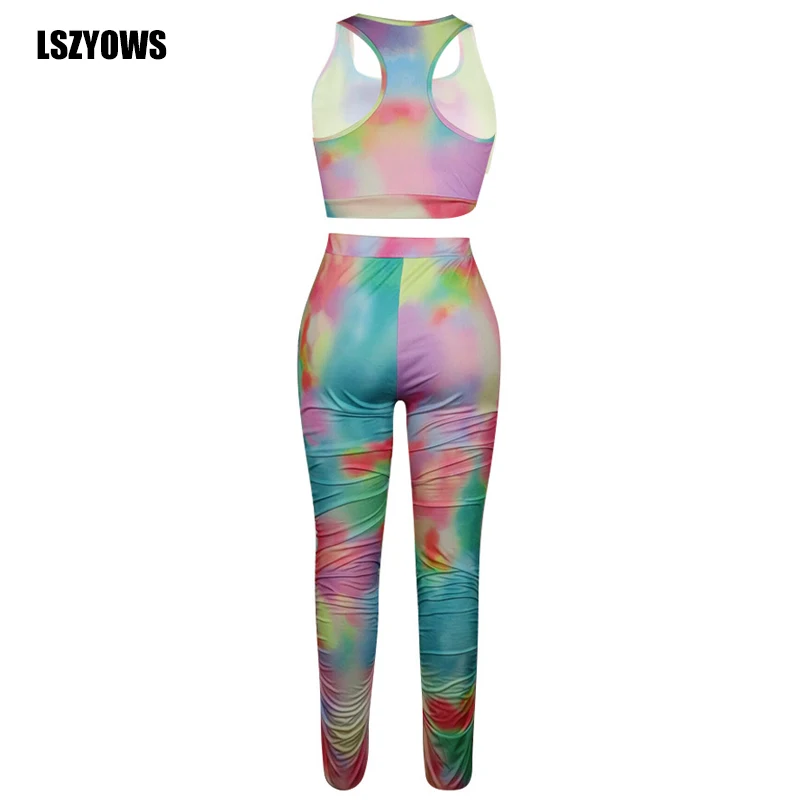 

Fashion Tie Dye Print Two Piece Set Sleeveless Tank Crop Top Ruched Pants Women 2 Pieces Tracksuit Summer Casual Bodycon Outfits