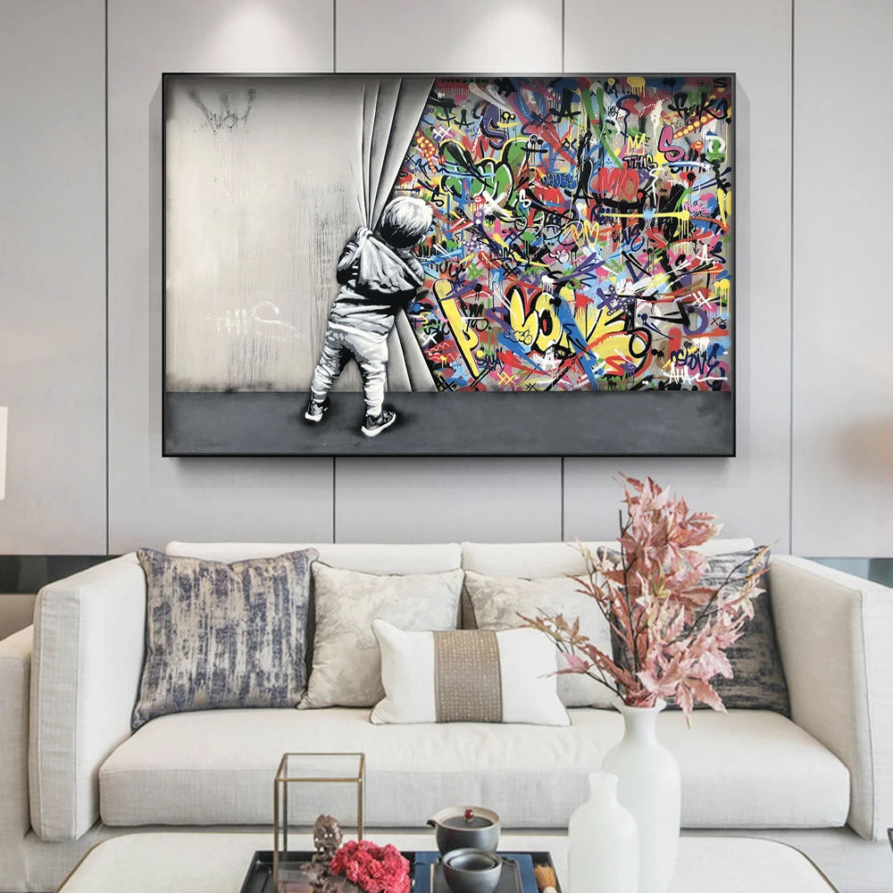 

Kids Lover Behind The Curtain Graffiti Art Painitngs on the Wall Art Posters and Prints Modern Street Art Pictures Home Decor