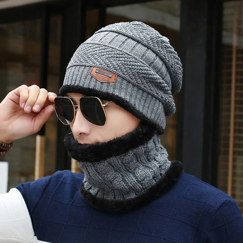 Knitted Hat Neck Collar Warm Suit Fur Wool Lining Thick Knit Beanies Balaclava Winter For men women Cap Skullies Bonnet | Детская одежда