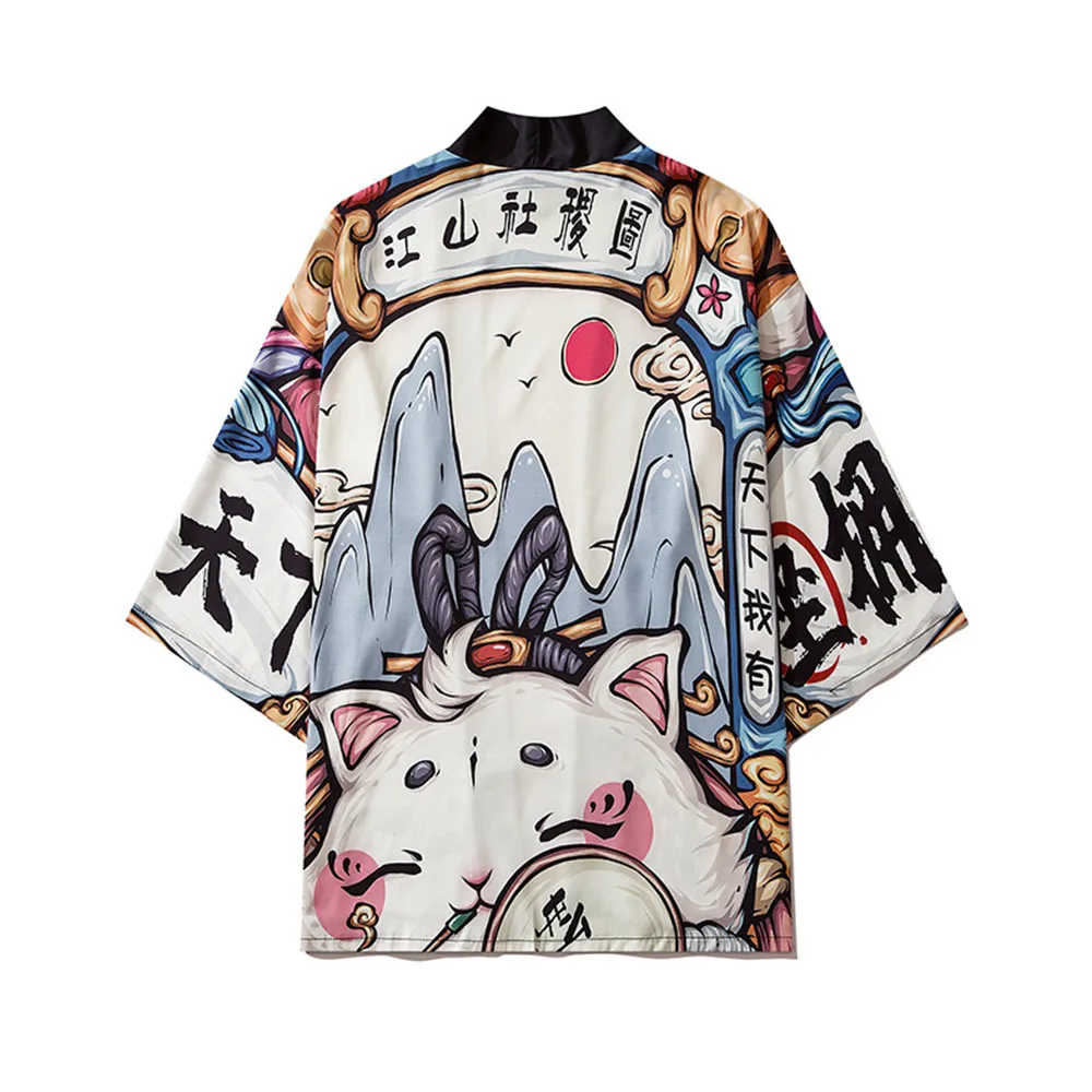 

Cartoon Printed Traditional Harajuku Streetwear Cardigan Yukata Vintage Japanese Style Couple Women Men Kimono Pants Set