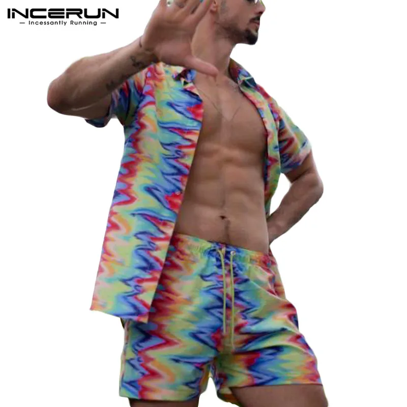 

INCERUN 2021 Fashion Men Printed Sets Beach Summer Lapel Short Sleeve Shirt & Shorts 2 Pieces Streetwear Men's Hawaiian Suits