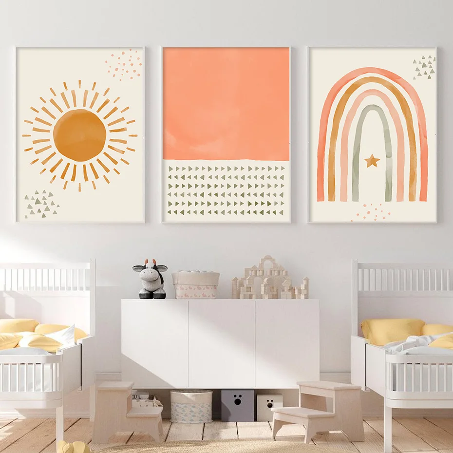 

Abstract Sun Rainbow Watercolor Boho Nursery Poster Wall Art Canvas Painting Print Picture Girl Children's Room Home Decor Gifts