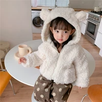 new vintage winter girl coat jackets casual hooded ear warm fur plus velvet thicken grid clothing kids white pink high quality