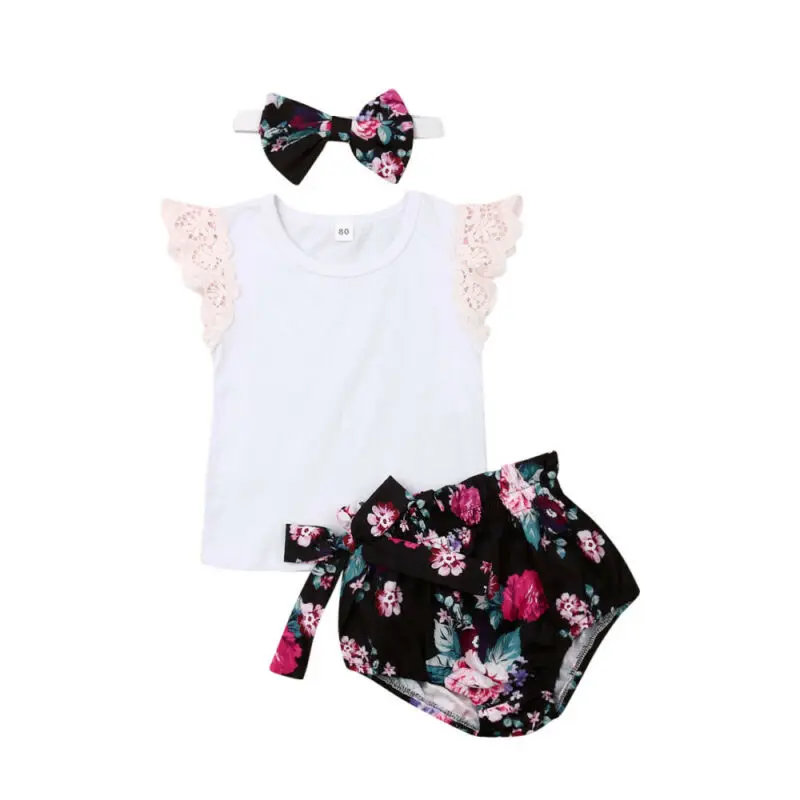 

0-24M Baby Girl Summer Clothes Ruffle Tops T-shirt+Floral Shorts+Headband Outfit