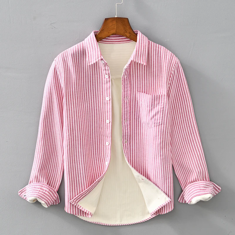 

New designer long-sleeve casual plus velvet thickened warmth shirt men brand fashion striped shirts for men camisa masculina