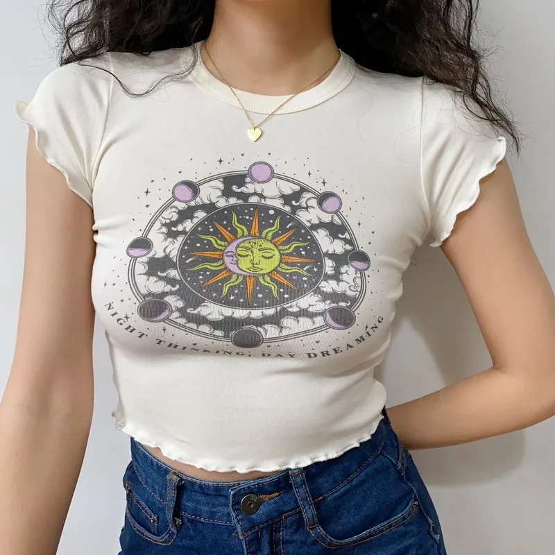 Europe and the United States slim navel short wavy T-shirt women printed short sleeves