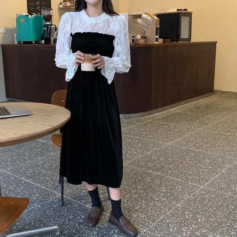 

2021 New Chic French Dress Women Lace Patchwork Elegant Flare Sleeve Party Long Female Autumn Vestidos