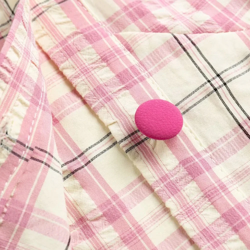 

2021 Puff Sleeve Striped Short Blouse Women Summer Turn-Down Collar Buttons Plaid Cropped Ladies Top Shirts Streetwear