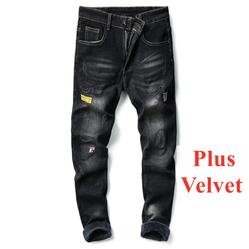 

Джинсы мужские с бархатной подкладкой, облегающие прямые брюки из денима, повседневные брюки в стиле пэчворк, черные уличные, Осень-зима