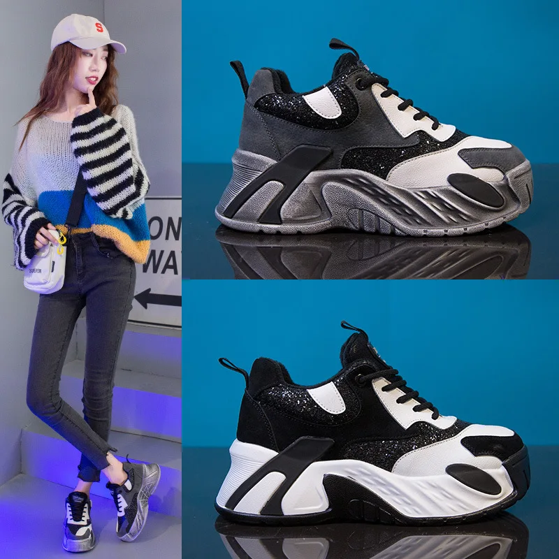 

2019 Autumn Increased Shoes Women Platform Sneakers White Brand zapatos de mujer Ladies Chunky footware Thick Bottom Dad Shoes