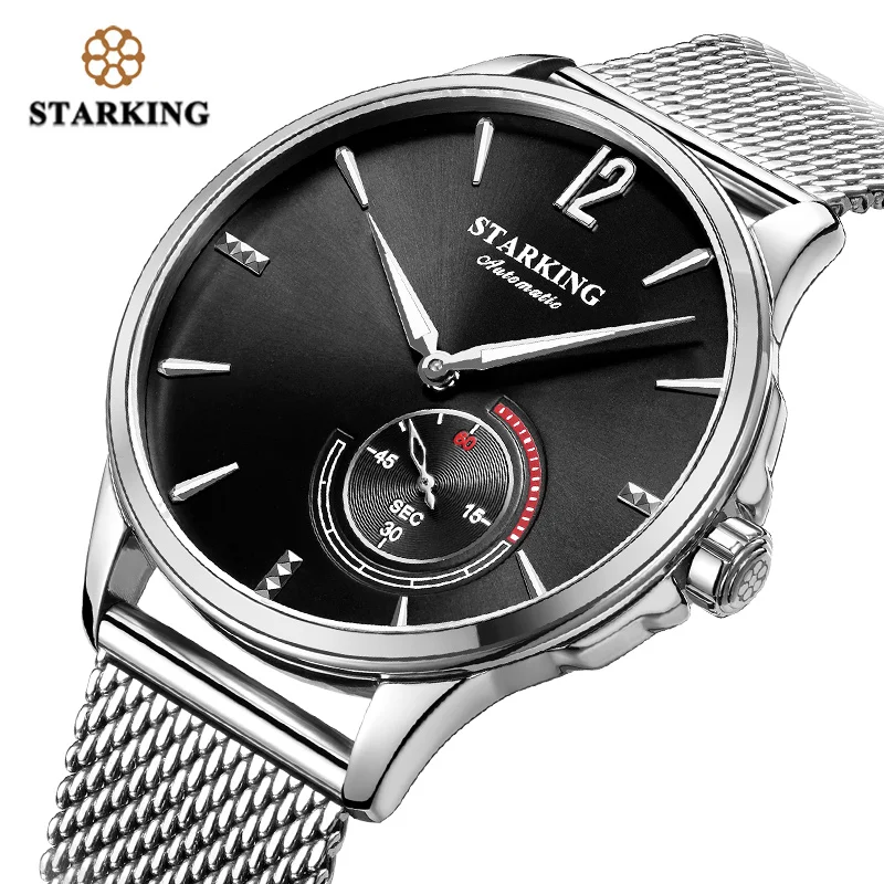 STARKING Stainless Steel Mechanical Watch Black Men Automatic Classic Mesh Band Male Wrist Watch 5Bar Water Resistant AM0273
