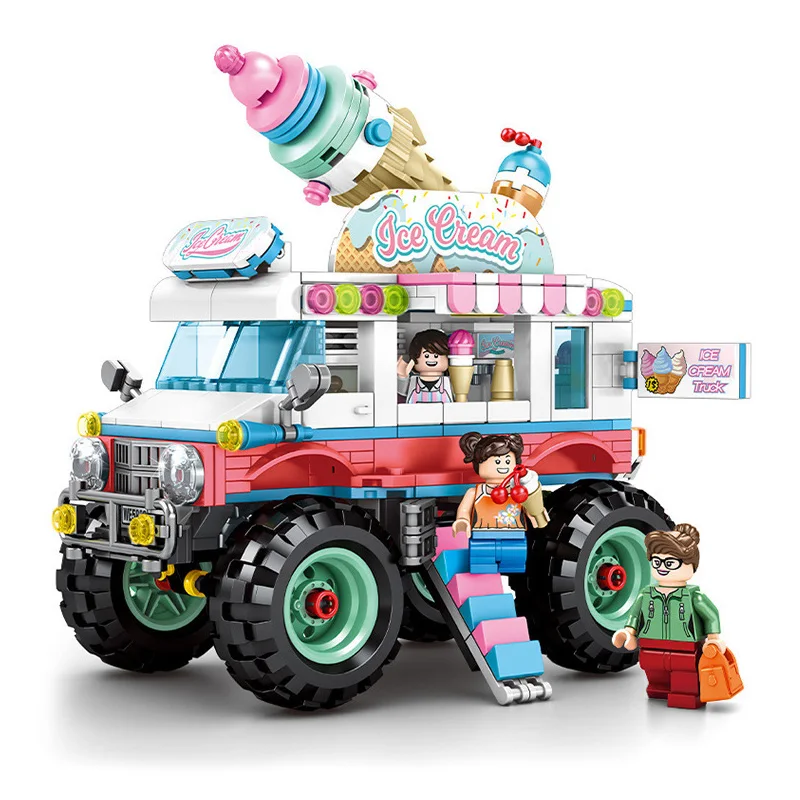 

2021 MOC City Street View Series Building Block Mini Cross Country Hamburger Ice Cream Fried Chicken Coffee Car Model Bricks Toy