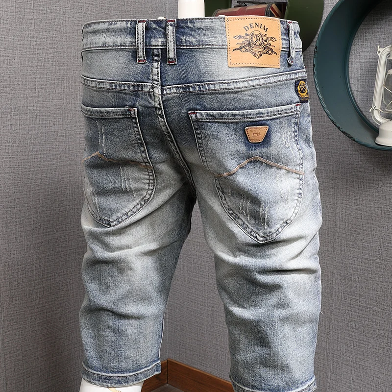 Vintage Light Blue Ripped Short Jeans Men Summer Streetwear Distressed Straight Cotton Denim Shorts