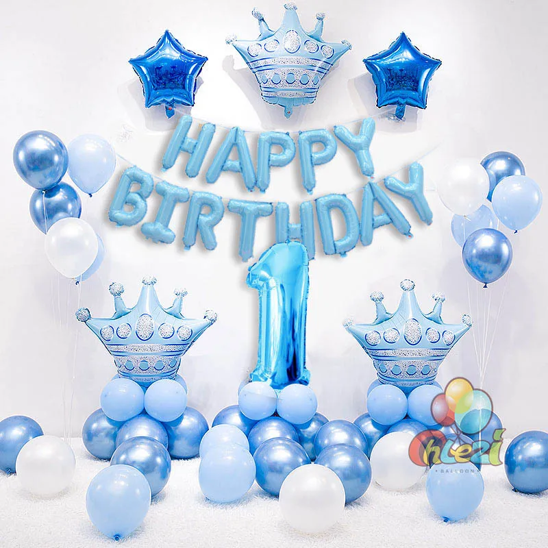 

1 Set Blue Pink Crown Birthday Balloons Helium Number Foil Balloon for Baby Boy Girl 1st Birthday Party Decorations Kids shower