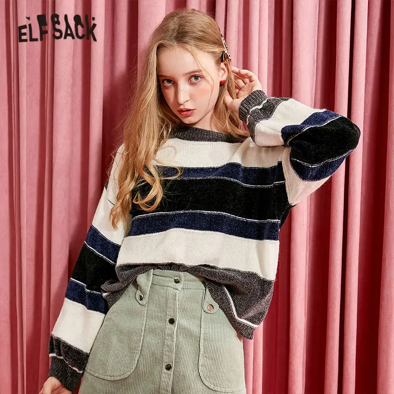 ELFSACK Striped Colorblock Women Pullovers Sweaters 2019 Winter Mohair Drop Shoulder Sleeve Office Ladies Basics Tops | Женская одежда