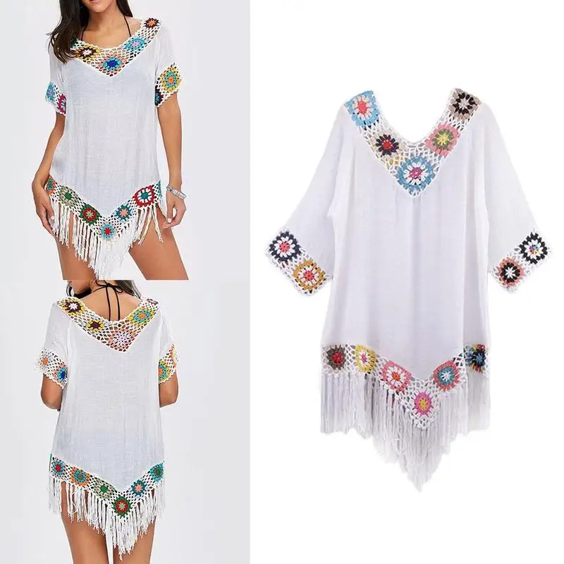 

2022 Summer New Women’s Crochet Chiffon Tassel Tunic Beachwear Swimsuits Cover Bikini Dress Robe Swim Beach Dresses Up