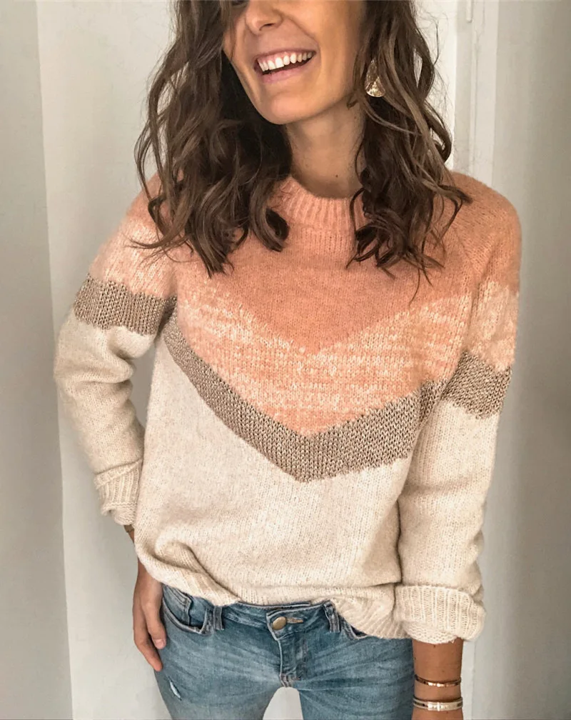 

Autumn winter new products all-match women's contrast color stitching sweater pullover round neck raglan sleeve sweater women