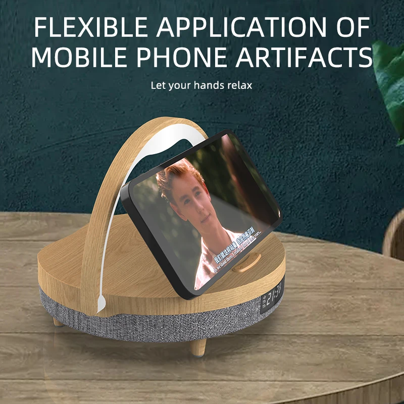 multifunctional bluetooth speaker mobile phone wireless charger desktop audio stand night light music desk lamp time alarm clock free global shipping
