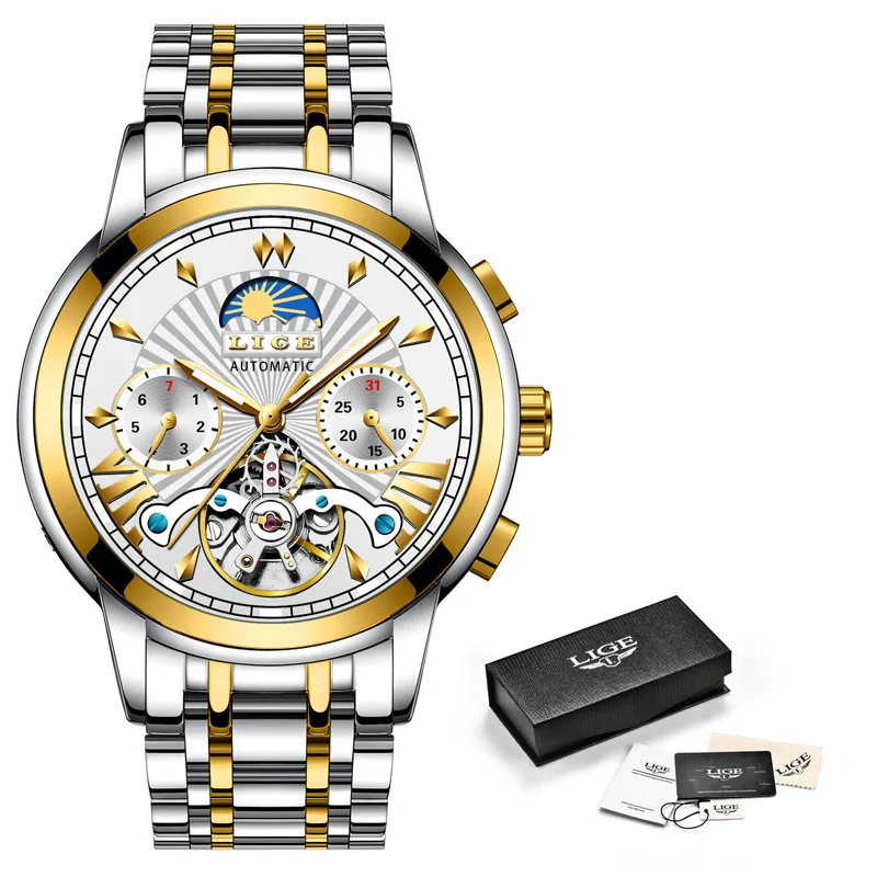 Montre Homme LIGE мужские s часы Топ люксовый бренд мода Tourbillon автоматические механические часы мужские водонепроницаемые часы со скелетом - Цвет: Gold white