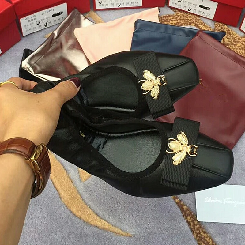

Spring AutumnLuxury Brand Sheepskin Little bee Bow Flat Women'S Shoes Loafers Ballet Shoes Genuine Leather Muller Maternity
