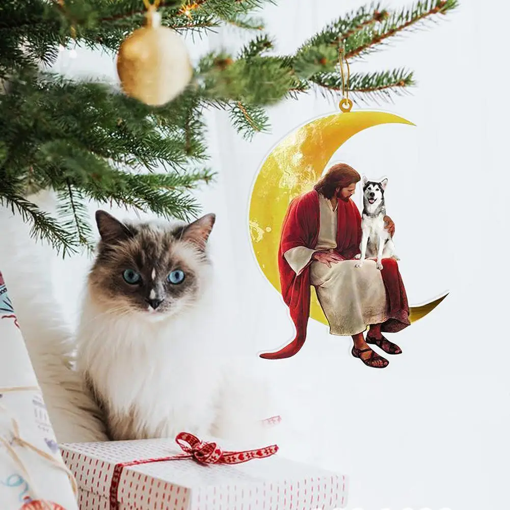 

1PC Christmas and the dog Sitting On The Moon Hanging Pendant for Christmas Tree Decoration Car Pendant Crafts N1 O8N2