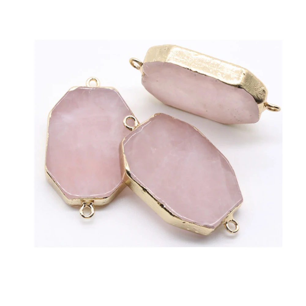 

Natural Octagon Rose Quartze Slice Pendant Healing Quartz Crystal Necklace Electroplated Gold edge Charm Woman Jewelry Gift