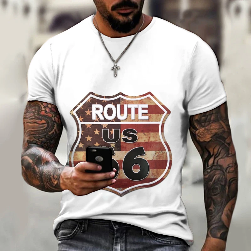 

American Route 66 Letter Printed Summer Men's T-shirt Oversized Loose Clothes Retro Short Sleeve Fashion Casual 3D Tshirts Men