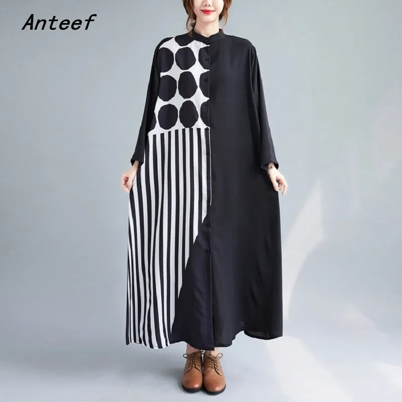 

Anteef long sleeve oversized black cotton vintage dresses for women casual loose spring autumn shirt dress elegant clothing 2022