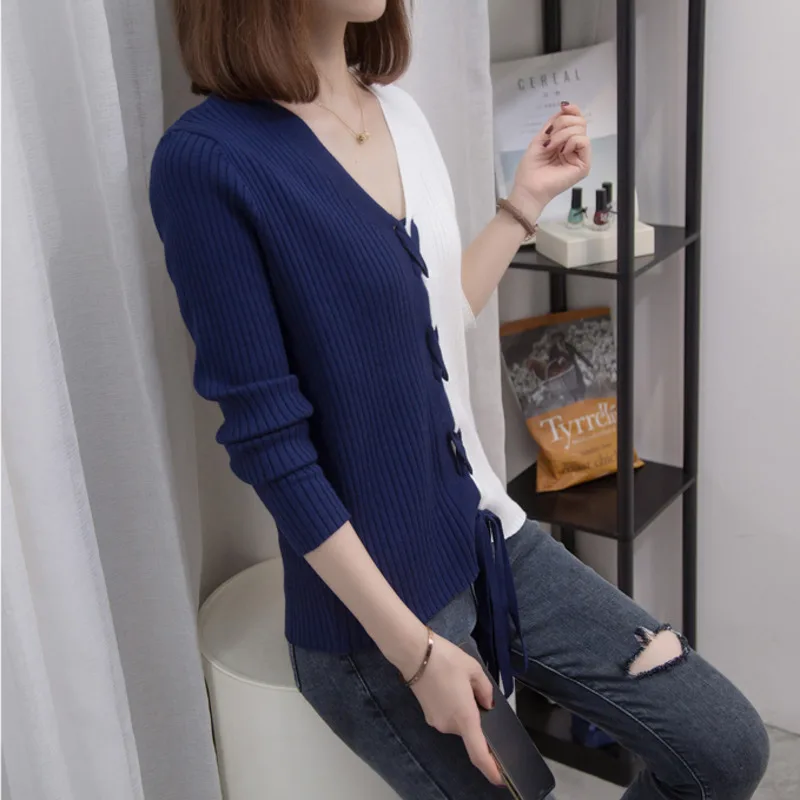 

Nkandby V-neck Knitted Patchwork Sweaters Autumn Winter Women Lace Up Pullover Jumpers Spell Color Soft Knit Chic Tops