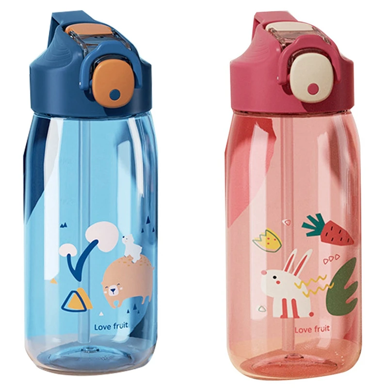 

2PCS 550Ml Water Bottle With Straw Leak-Proof For Kids,BPA Free Durable Plastic Drinking Bottle,Blue & Red