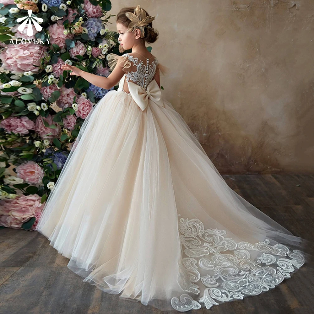 

Платье для подружки невесты из тюля цвета шампанского, платья для девочек с цветочной аппликацией для девочек, платье принцессы с цветами д...