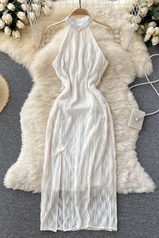 

Chinese style spaghetti strap dress women's sleeveless off shoulder white bodycon dress summer new vestidos party Maxi Dress