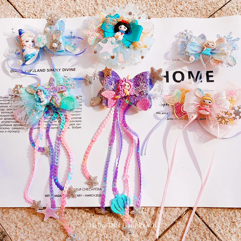 

Princess Glitter Tassel Hair Bows Clips Mermaid Party Hairpin Girls Barettes Mesh Hair Grip Headwear Accessories for Kids