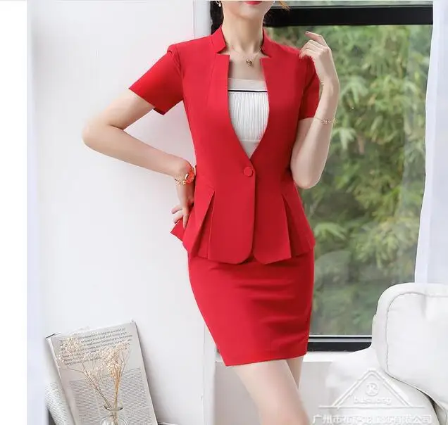 redskirtss uit Летняя официальная Женская юбка костюм Красная куртка с коротким рукавом и юбка комплект из двух предметов бизнес интервью офисный комплект - Цвет: redskirtss uit