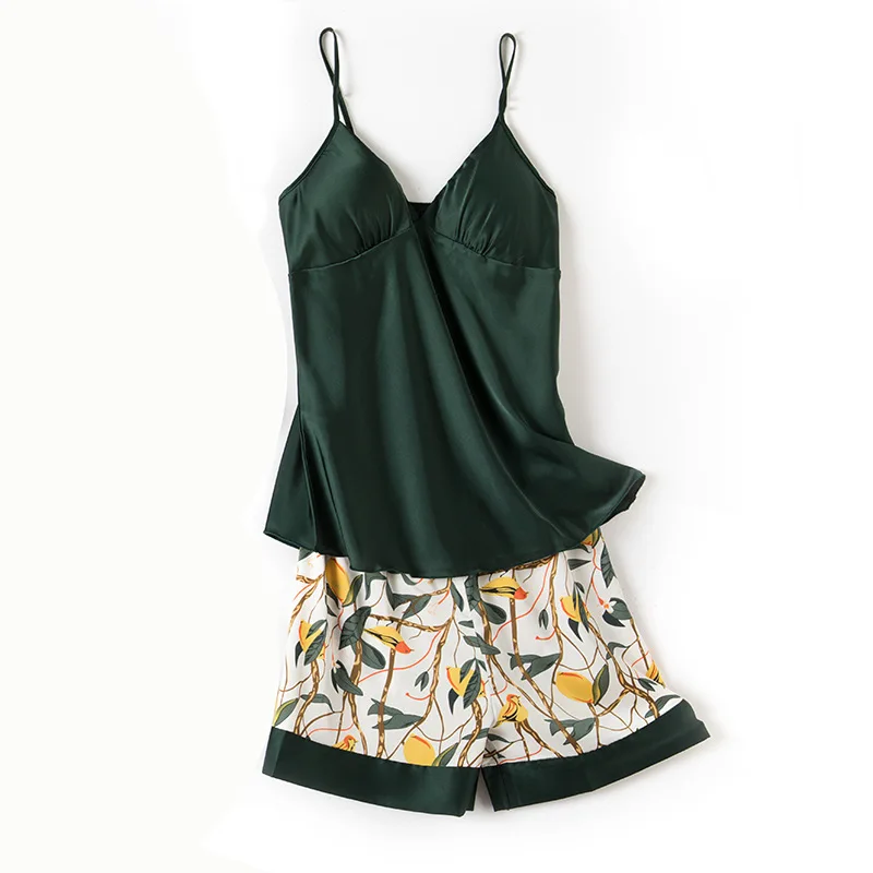 

Пикантный кружевной топ на бретелях с цветочным принтом и шорты, Атласный пижамный комплект 2022, Женская Элегантная пижама на бретелях-спаге...