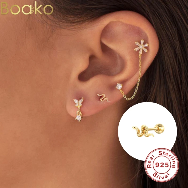 

BOAKO 1 Pair Snake Earring Female 925 Sterling Silver Stud Earring Screw Ear Bone Nail Zircon Earrings Piercing Fine Jewelry