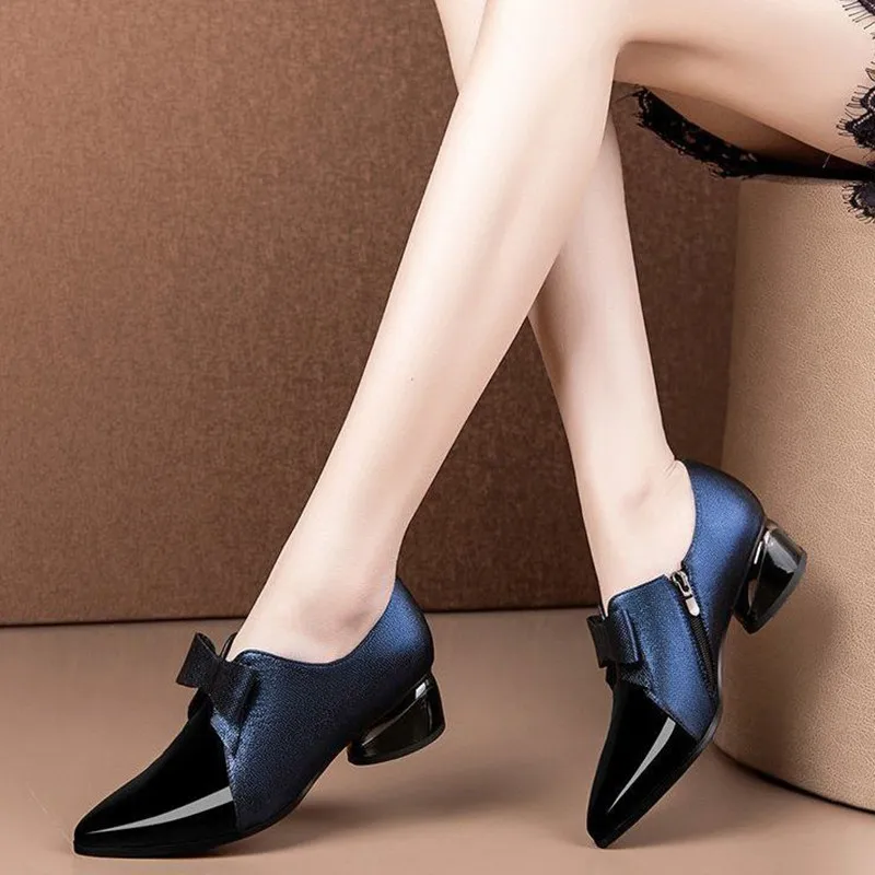 

Women Classic Black Bow Tie Medium Heel Slip on Spring Shoes Lady Fashion Sweet Blue Party High Heel Shoes