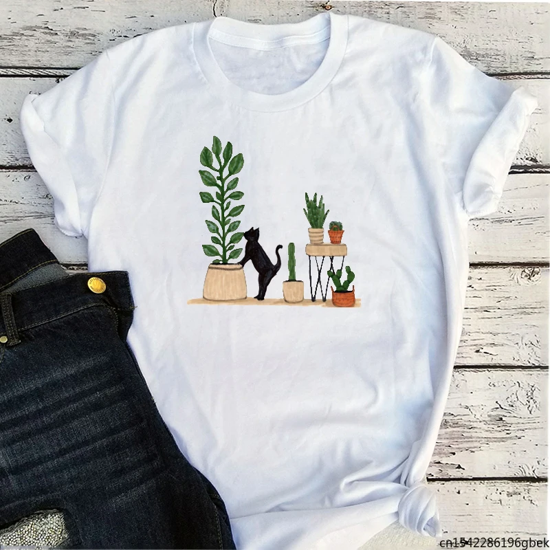 

Flowers Cat O-Neck Casual Women Fashion Clothing Harajuku Retro Top Vintage Cat Women Tops Casual