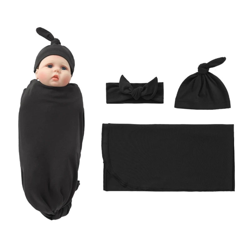 

MXLE 3 Pcs Newborn Swaddling Wrap + Headband + Hat Set Baby Receiving Blanket Sleepsack Hair Band Cap for Baby Infants Boys