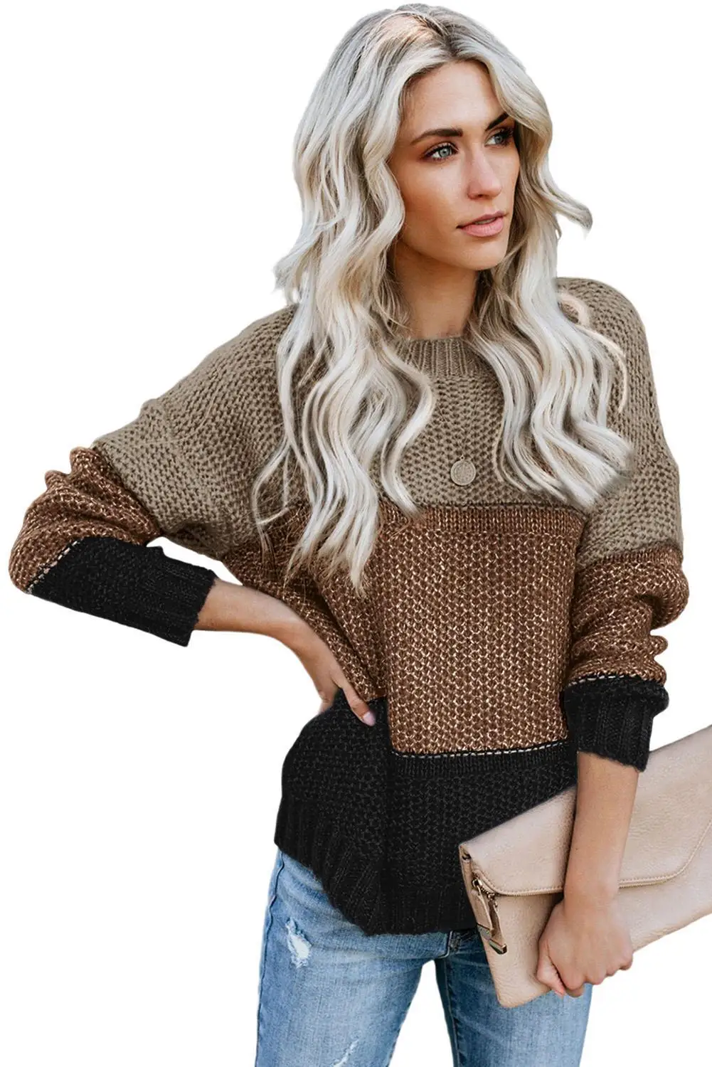 Echoine Black/Yellow/Blue/Gray/Khaki Color Block Netted Texture Pullover Sweater Winter O Neck Long Sleeve Warm Top | Женская одежда