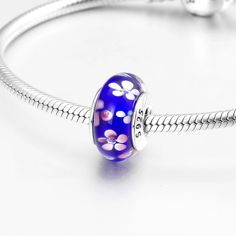 Пасторальный стиль серебро 925 пробы цветок тонкое темно-синее муранское стекло