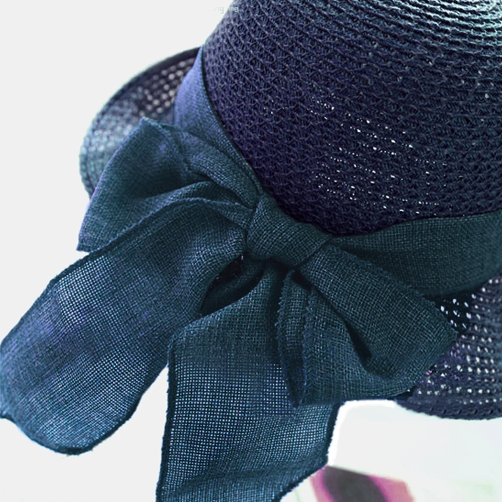 

Women Sun Protection Seaside Summer Gift Elegant Korean Style Straw Hat Wide Brim Flat Folding Bow Head Wear Beach