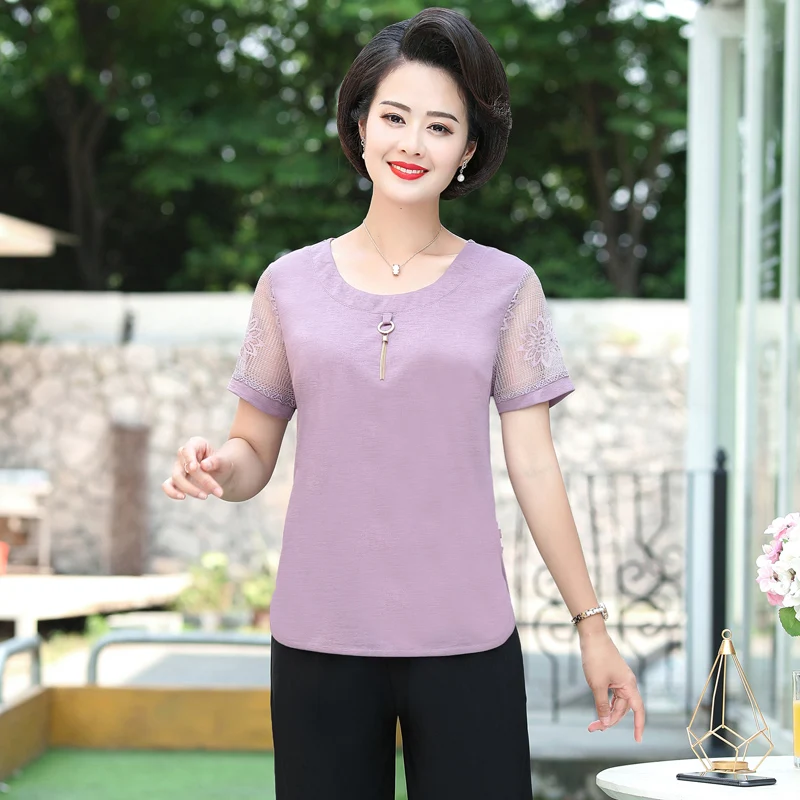 

Middle Aged Women Summer Blouse Purple Blue Pink Short Sleeve Lace Patchwork O-Neck Top Mother Thin Fabric Clothes Plus Size 5XL