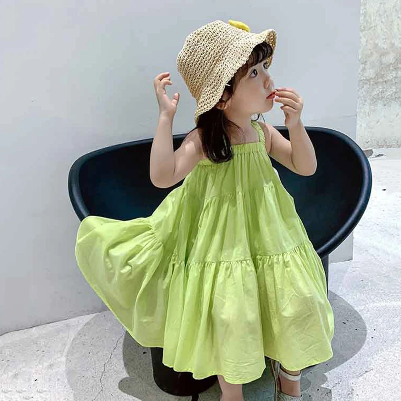 

2022 Summer New Fashion Kids Girls Solid Beach Dress Baby Cotton Casual Sleeveless Clothing Brief, #9427