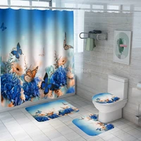 butterfly shower curtain blue yellow with non slip rug mat bathroom curtains waterproof polyester bathroom curtain with hooks