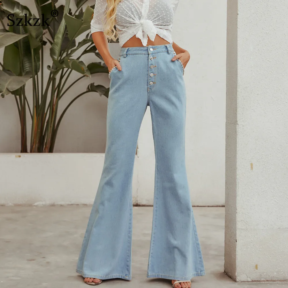 

Szkzk Blue Flare Jeans With Pockets Women 2020 Summer Full Length Button Up Mid Waist Ladies Wash Loose Denim Jean Pants