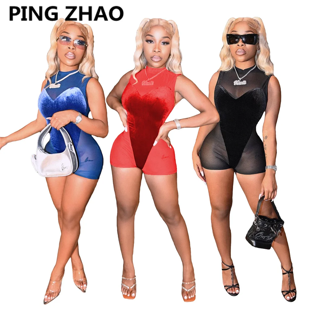 

PING ZHAO Sexy Sheer Mesh Velvet Bodycon Jumpsuit Women Shorts Clothing Fashion One Piece Playsuits Club Outfits