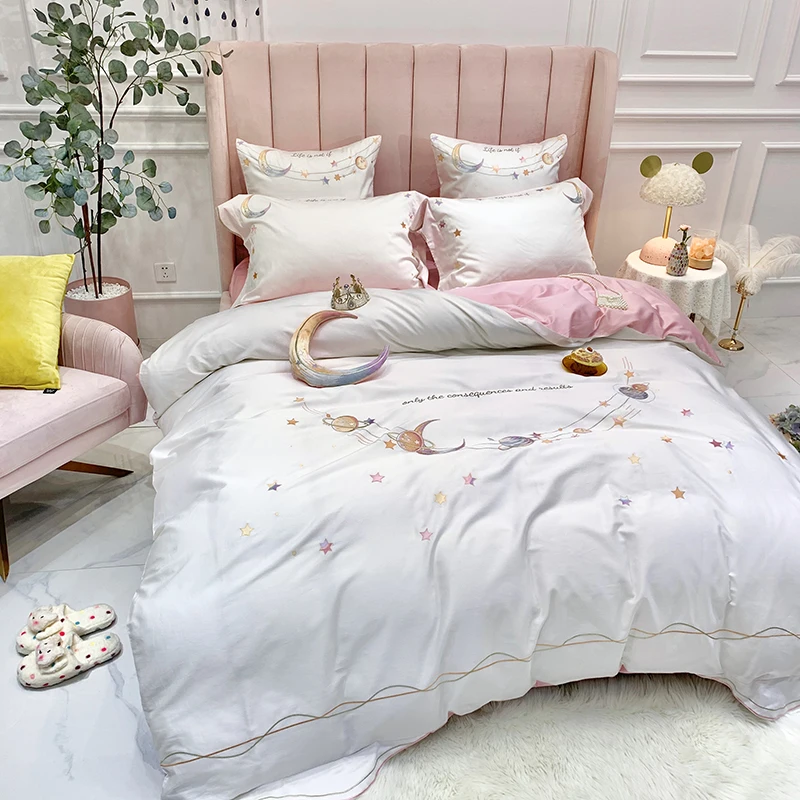 Роскошный постельный комплект из 4/6 предметов с вышитыми луной звездным небом и